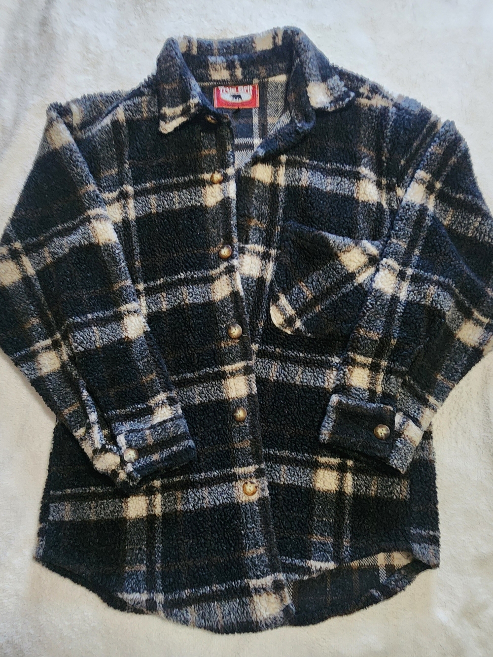 True Grit Men's Large Plaid Fleece Shirt Jacket Sherpa Shacket Cozy Made In USA